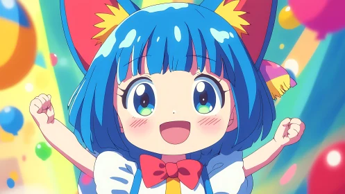 Bright blue haired anime girl celebrating with balloons.