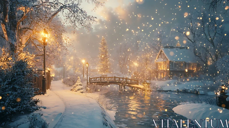 Snowy riverside village glows under golden winter lights.