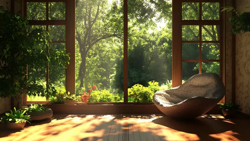 Sunlit garden-view lounge with sculptural modern chair.