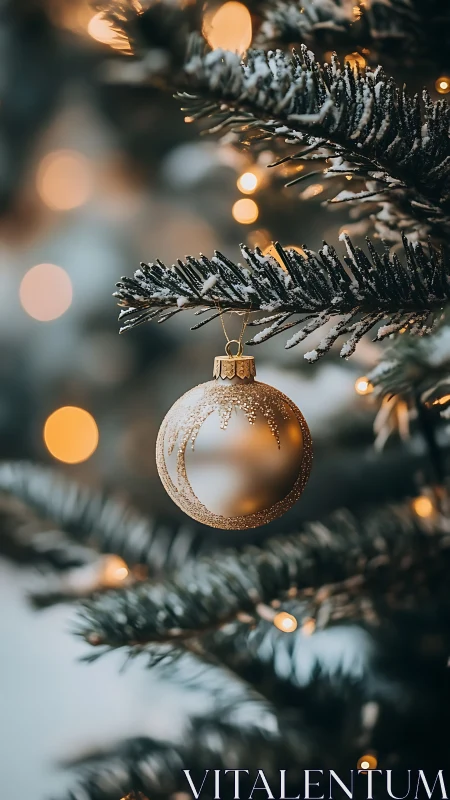 Golden Christmas ornament glowing on a snowy tree branch.