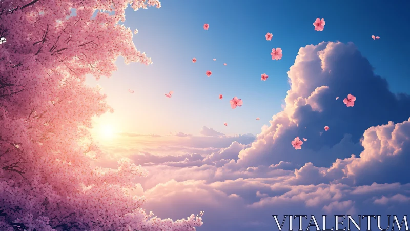 Cherry blossoms and clouds under low sun over horizon.