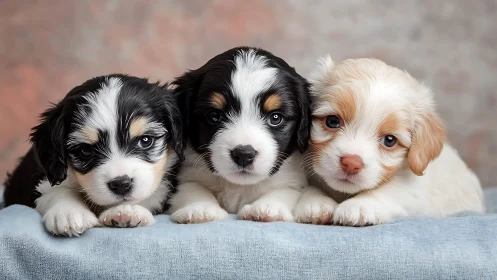 Three young spaniel puppies resting on soft blue fabric.