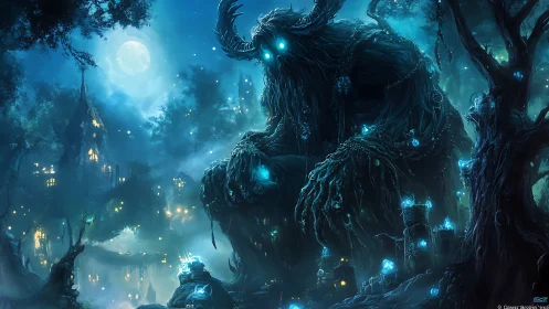 Moonlit forest titan watches over glowing fae city