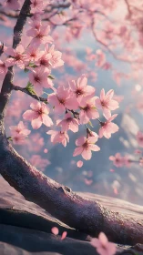 Pink blossoms on wooden branch against blurred floral backdrop.