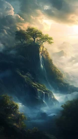 Sunlit cliffside sanctuary above cascading misty falls.