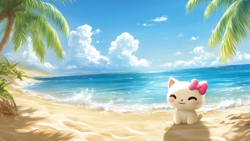 Kawaii white cat figurine sits on sunlit tropical shoreline