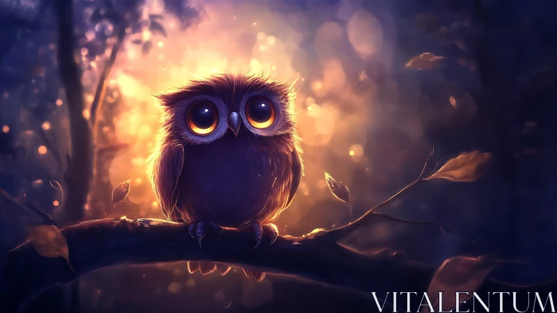 Adorable baby owl on branch in magical, glowing forest scene.