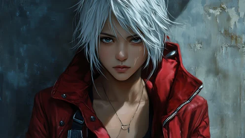 White-haired urban rebel in red jacket, moody wall backdrop.