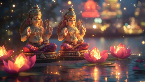 Twin ornate deity idols illuminated by lotus-flame bokeh lighting