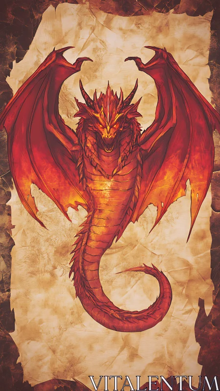 Volcanic wyvern schematic on distressed parchment substrate.