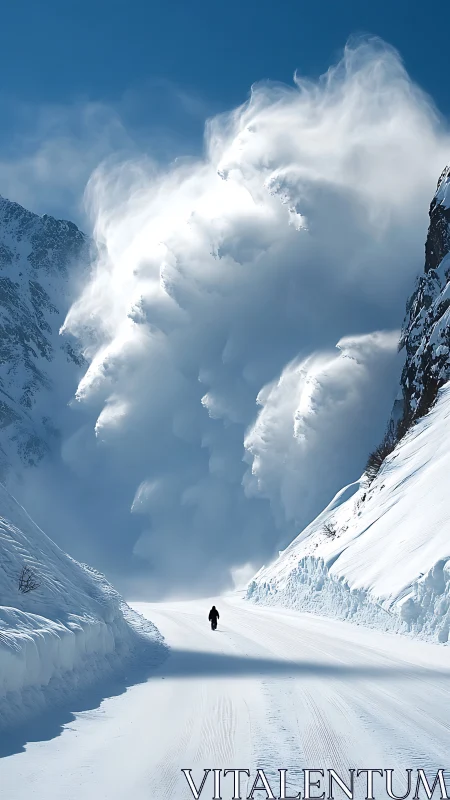 Lone figure on snowy road beneath massive avalanche cloud.