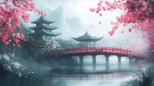 Mist-draped cherry bridge cradles a quiet mountain temple