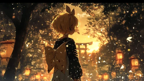 Backlit kimono girl at lantern lit shrine in golden dusk