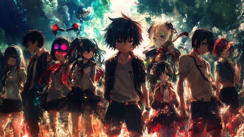 Group of stylized anime students stands amid abstract light effects