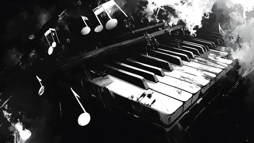 Storm of piano notes swirling through bold monochrome night.