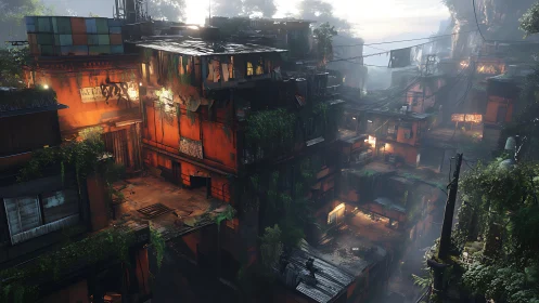 Layered jungle slum architecture with volumetric fog and decay