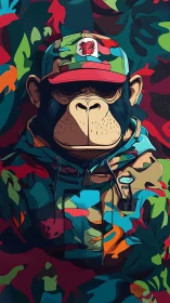 Camouflage-clad cartoon chimp portrait in bold saturated color