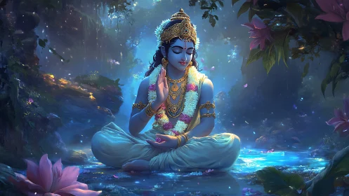 Divine blue deity meditating in luminous forest clearing.
