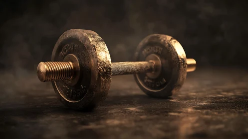 Metal dumbbell lying on textured surface in low lighting.