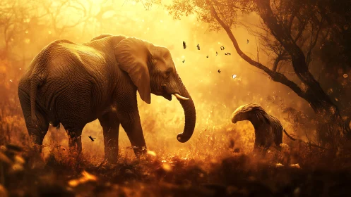 Elephant and small creature in backlit woodland clearing.