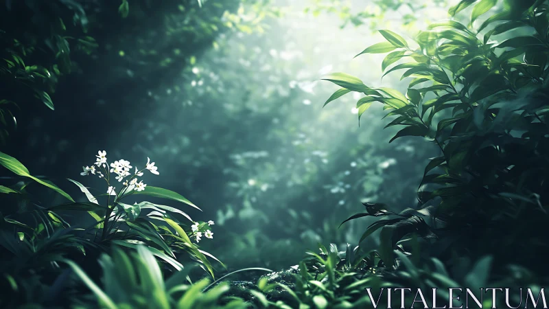 Forest undergrowth with white flowers and green foliage.