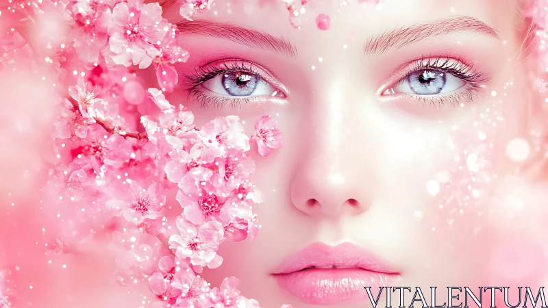Female face framed by dense pink cherry blossoms.