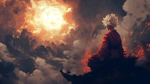 Calm warrior gazes into a blazing, otherworldly sky.