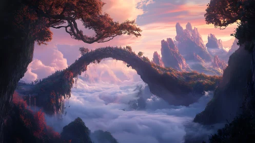 Dreamlike stone bridge arching over a glowing cloud valley.