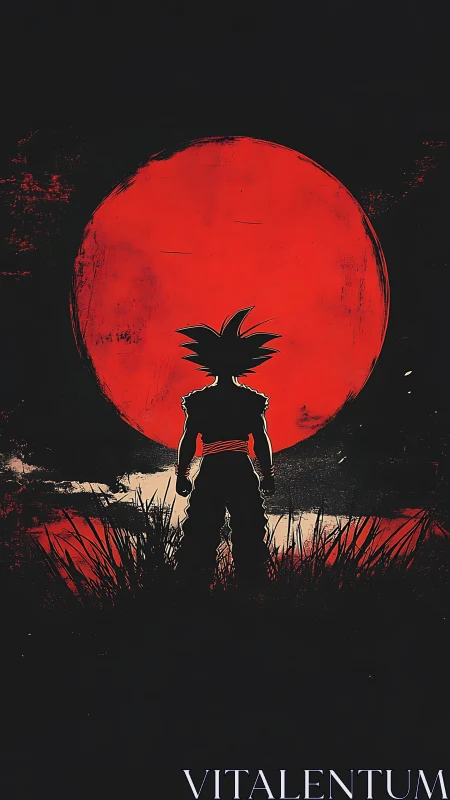 Silhouetted warrior stands before a blazing red moon