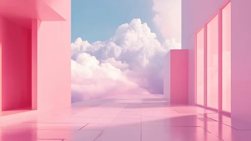 Minimalist Pink Corridor with Volumetric Cloudscape Interior.