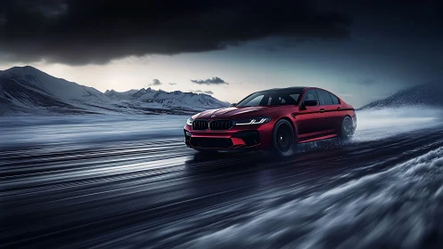 High-performance red sports sedan drifting on icy mountain road