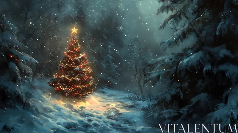 Lit Christmas tree glows in quiet snowy winter forest.