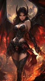 Horned winged female figure stands amid stylized flames