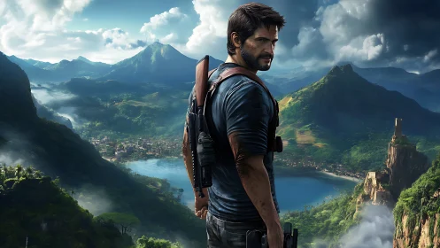 Adventurous explorer overlooking a lush tropical valley view.