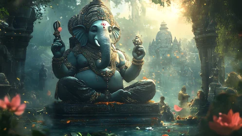 Ganesha statue in jungle temple complex with misted backdrop.