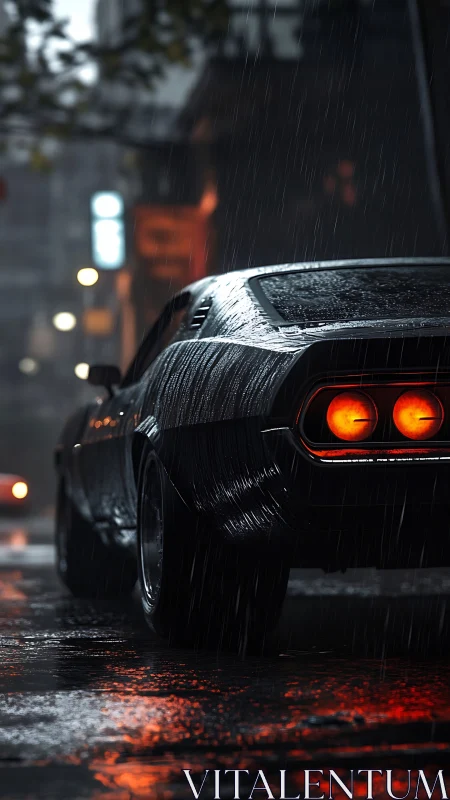 Midnight muscle car glowing through a rainy city street.