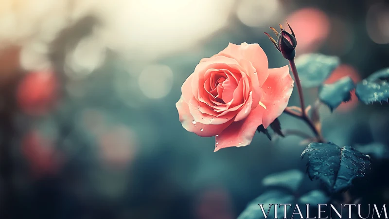 Coral Rose Bloom with Water Droplets Against Soft-Focus Garden Background.