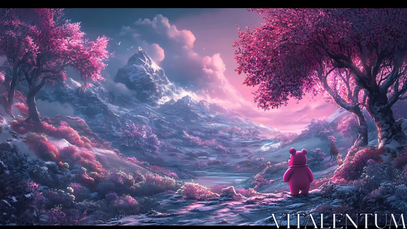 Pink bear overlooks glowing valley and distant snowy peak.