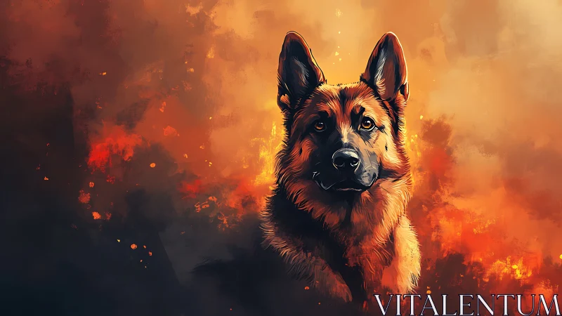 Emberlit shepherd stands guard in a storm of painted fire.