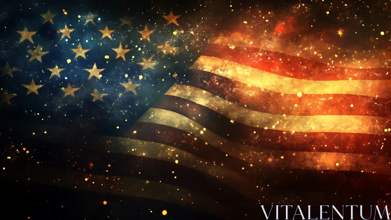 American flag glows through cosmic dust and drifting sparks