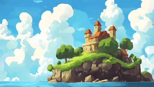 Medieval Castle on Floating Island in Sky