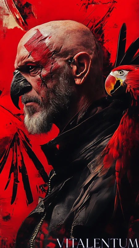 Scarred bird-man sentinel with crimson war parrot companion.