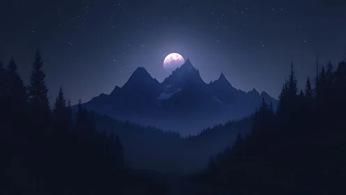 Digital nightscape with lunar-backed alpine ridge silhouette.