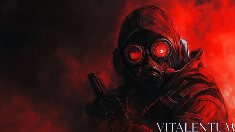 Gas mask soldier emerges through crimson toxic smoke.