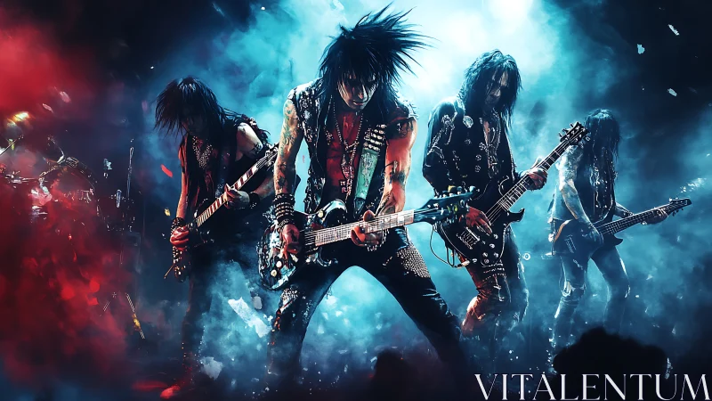 Neon backlit metal band locked in high-intensity stage performance