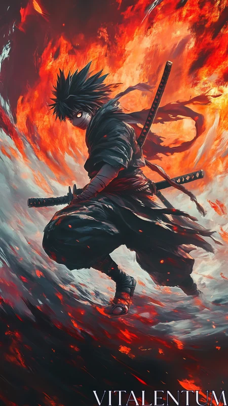 Fierce anime swordsman dancing between fire and storm.