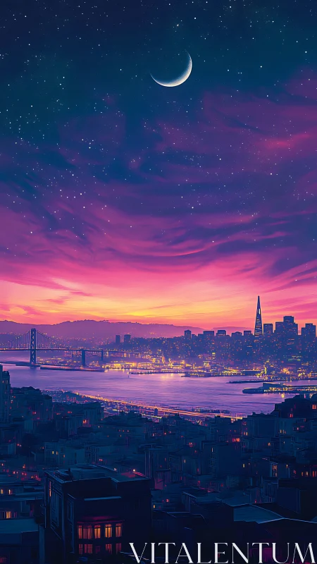 Crescent moon above luminous city skyline at dusk.