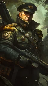 Battle-hardened officer stands armed in a misty forest.