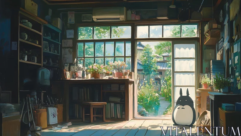 Sunlit studio interior with Totoro mascot and layered depth cues