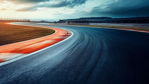 Wet racing circuit corner reflects low sunset light vividly
